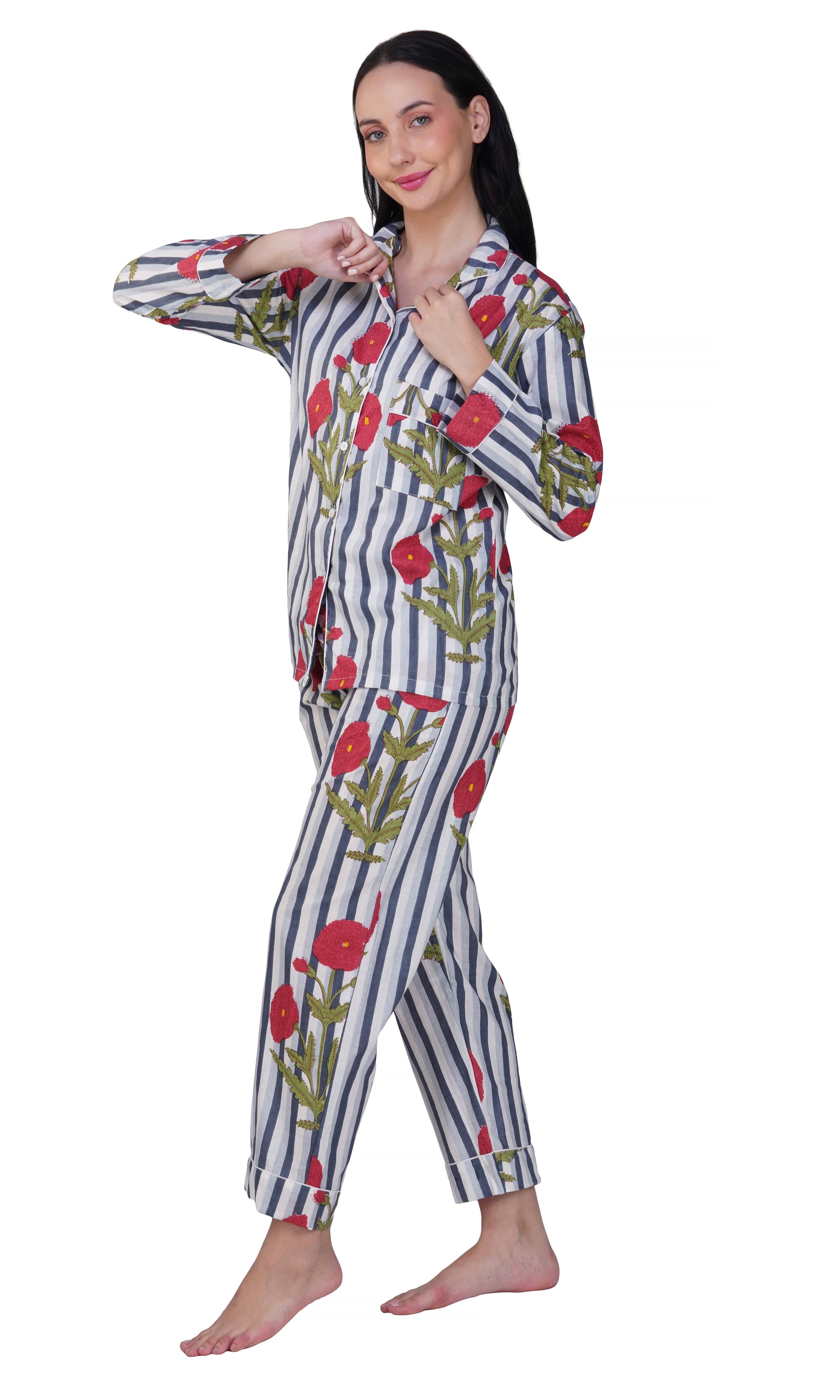Purple Mohar - Wholesale Sleepwear Set - Women's - Poppy Dreams: 3-Piece Floral & Stripes Night Suit Set"3