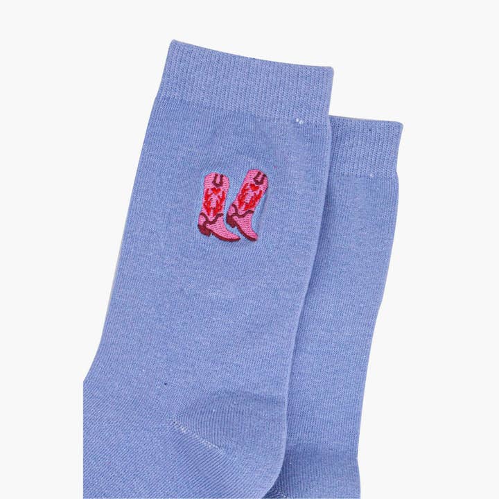 Sock Talk – wholesale Socks – Women's – Women's Embroidered Ankle Socks- Light Blue, Cowboy Boots1