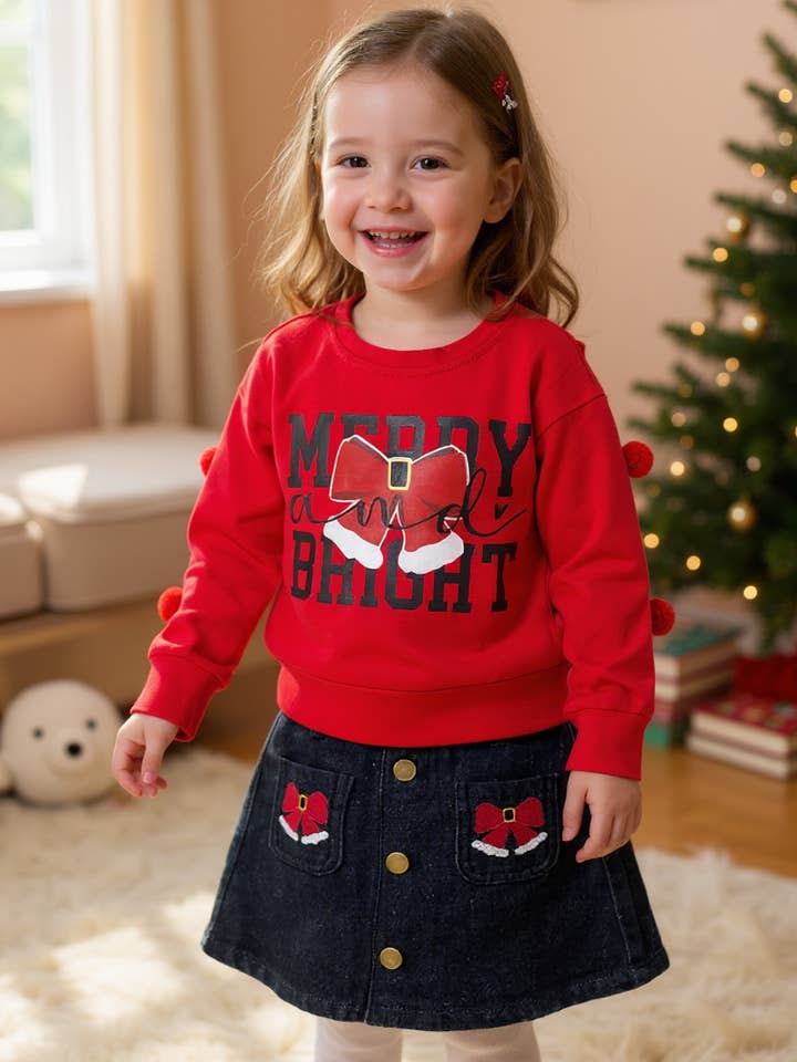 Sweat-shirt rouge à manches pompons "Joyeux & Lumineux" et jupe en jean. OFG51241 JEAN pour la vente par Kids Charm Online