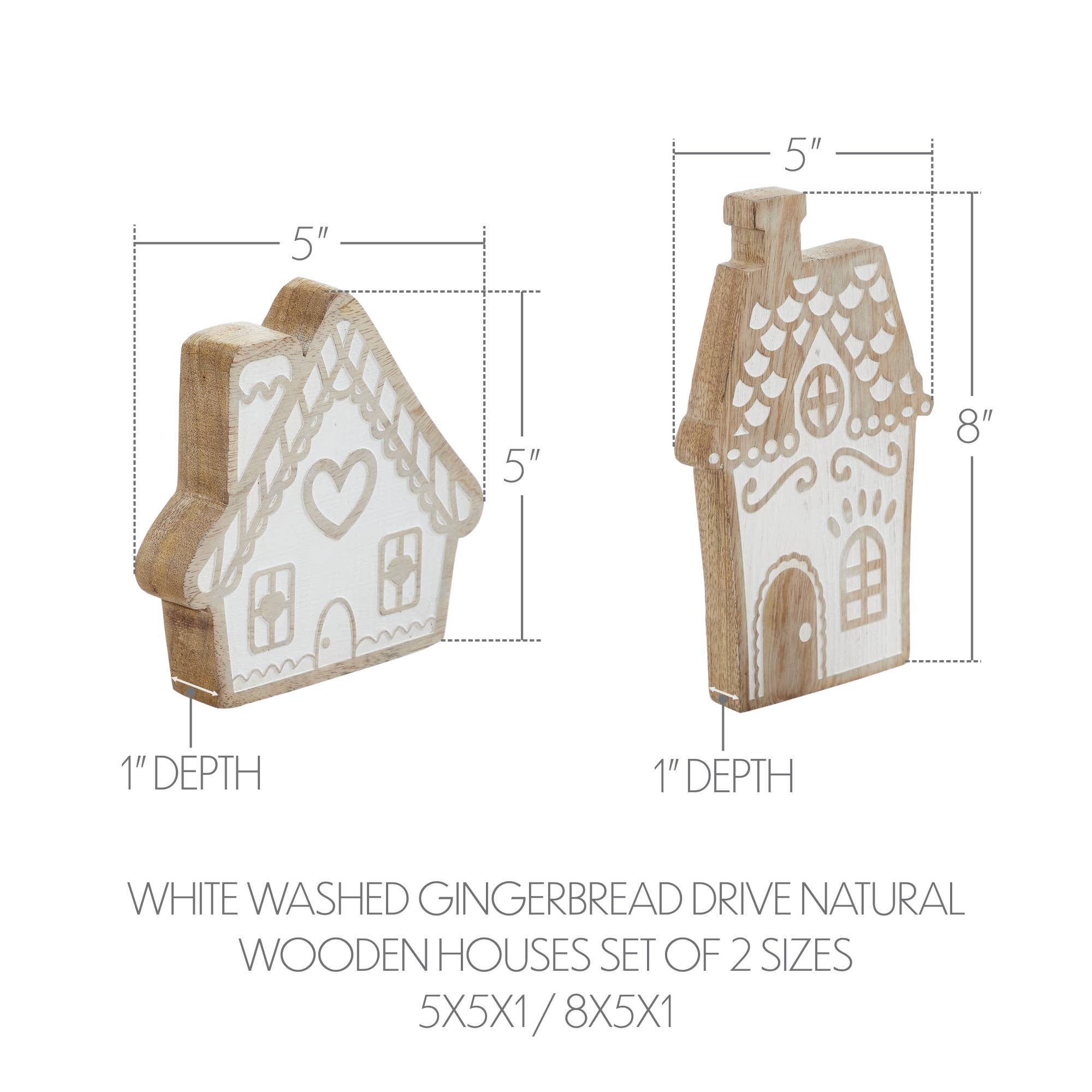 VHC Brands - Wholesale Decorative Tabletop Object - White Washed Gingerbread Drive Natural Wooden Houses Set of 2 - 5x5x1/8x5x12