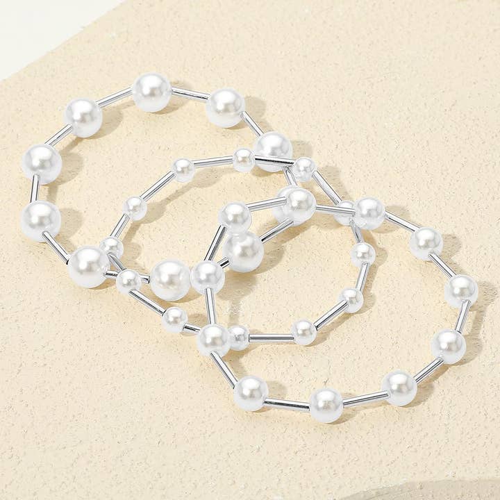 Sensibling Corp. - Wholesale Beaded Bracelet - 3PCS - Pearl Metal Bar Beaded Stretch Multi Layered Bracelets4
