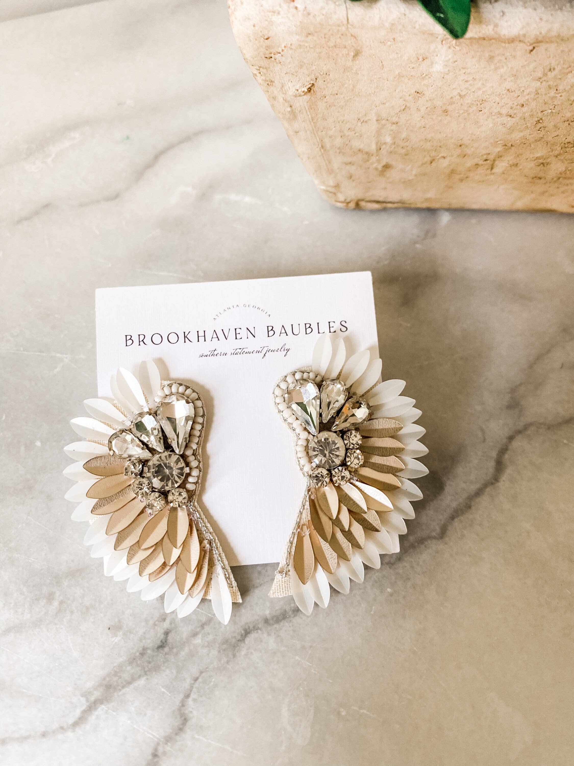 Brookhaven Baubles - Wholesale Dangle Earrings - Ivory Gold Ombré Beaded Crystal Winged Statement Earrings1
