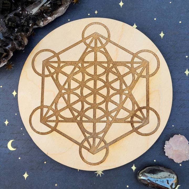Metatron's Cube Crystal Grid Laser Engraved Wood Altar Plate for wholesale by Prism Moon Designs