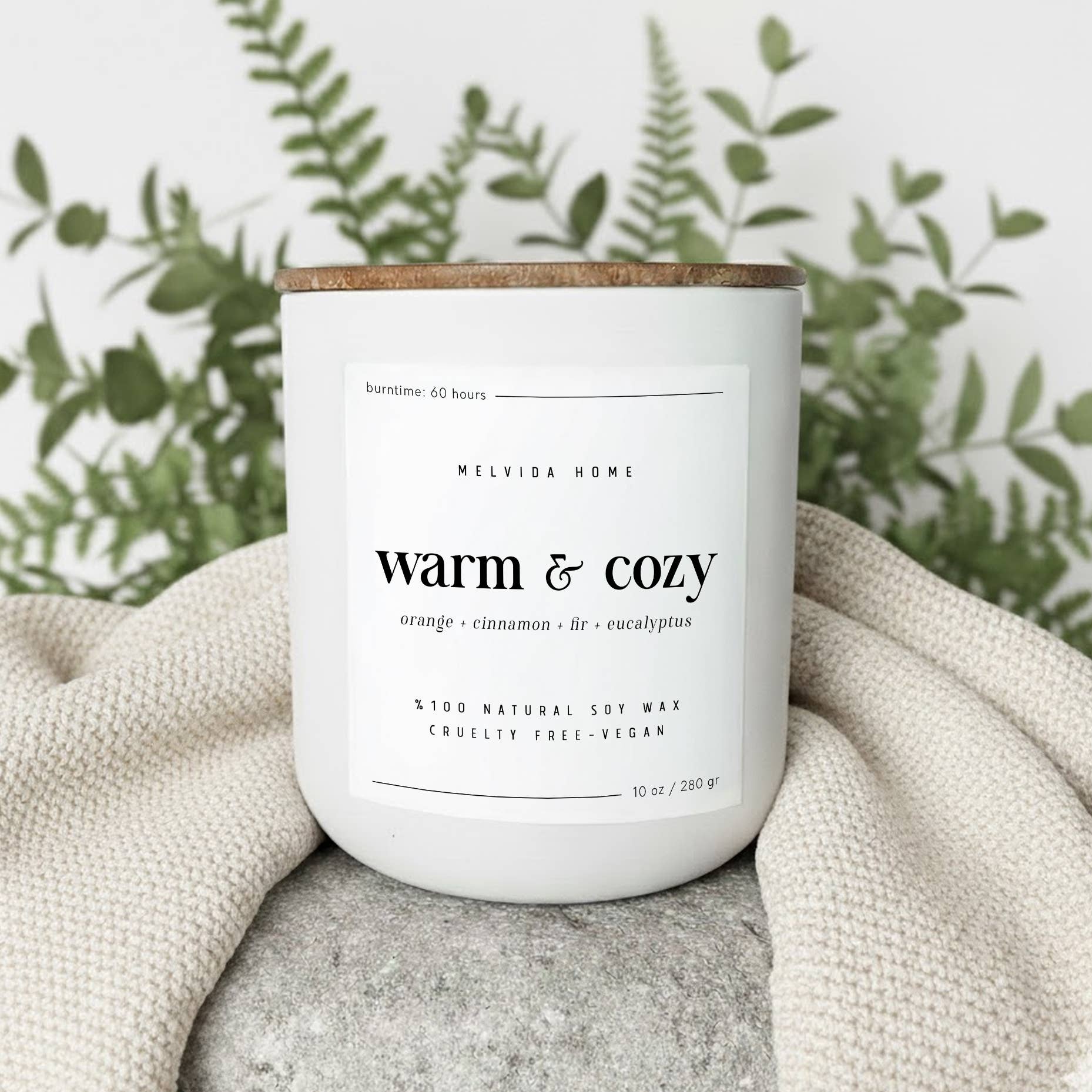 Melvida Home – wholesale Jar/filled candle – Warm & Cozy - 10 oz White Glass Soy Candle - Christmas Gift1