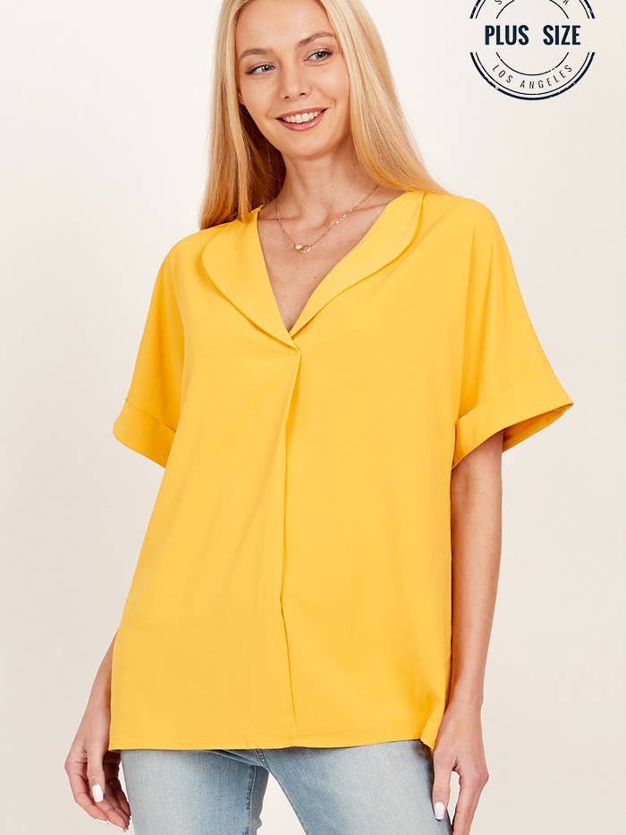Shopin LA - Wholesale Blouse - Women's - SPT5068P - PLUS SOLID COLLARED SHORT SLEEVE LOOSE BOXY TOP