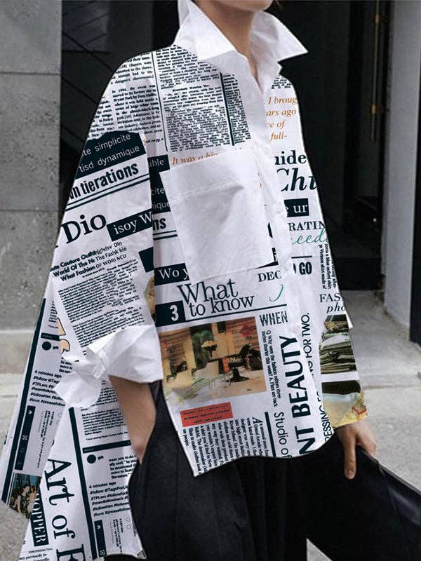 HVID Høj lav bluse med bogstavprint med lange ærmer, lommer, detaljer i delt side og revers for engroshandel på Faire1