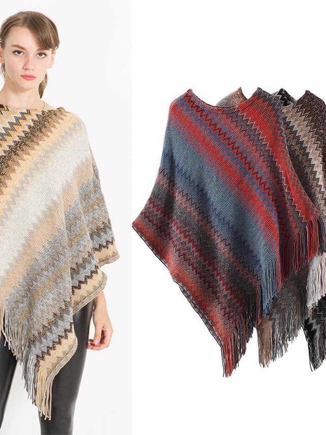 Fennco Styles - Wholesale Poncho - Women's - Knitted Zig-Zag Pullover Poncho Sweater