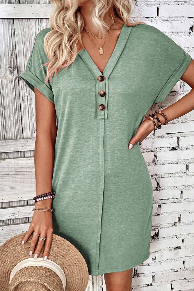 UNISHE - Wholesale Dress – Women's - Plain V Neck Buttoned Exposed Seam T-Shirt Dress AXR09512