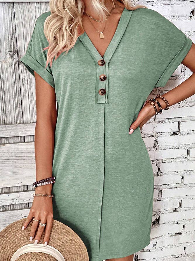 UNISHE - Wholesale Dress – Women's - Plain V Neck Buttoned Exposed Seam T-Shirt Dress AXR09512