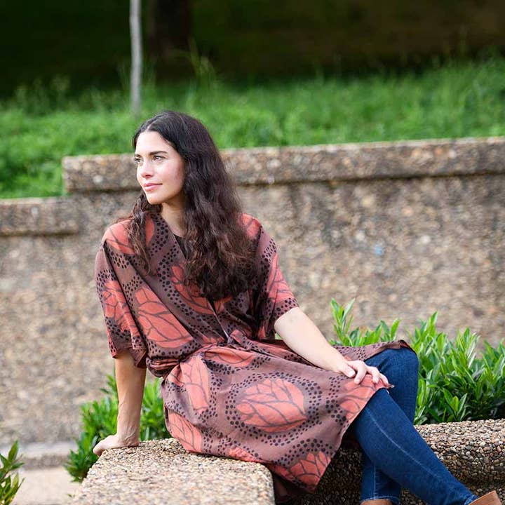 Ichcha – Kimono - Mulher por atacado – Kimono/Robe Lounge com Estampa de Folha Roxa – Mia3