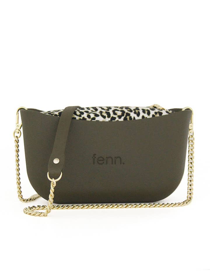 Classic KHAKI with leopard print canvas inner and khaki & gold chain strap for wholesale by Fenn Collection UK
