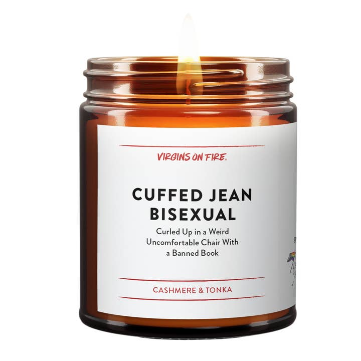 CUFFED JEAN BISEXUAL CURLED UP... (Cashmere) - LGBTQ+ Candle for wholesale by Virgins On Fire Candle Co.