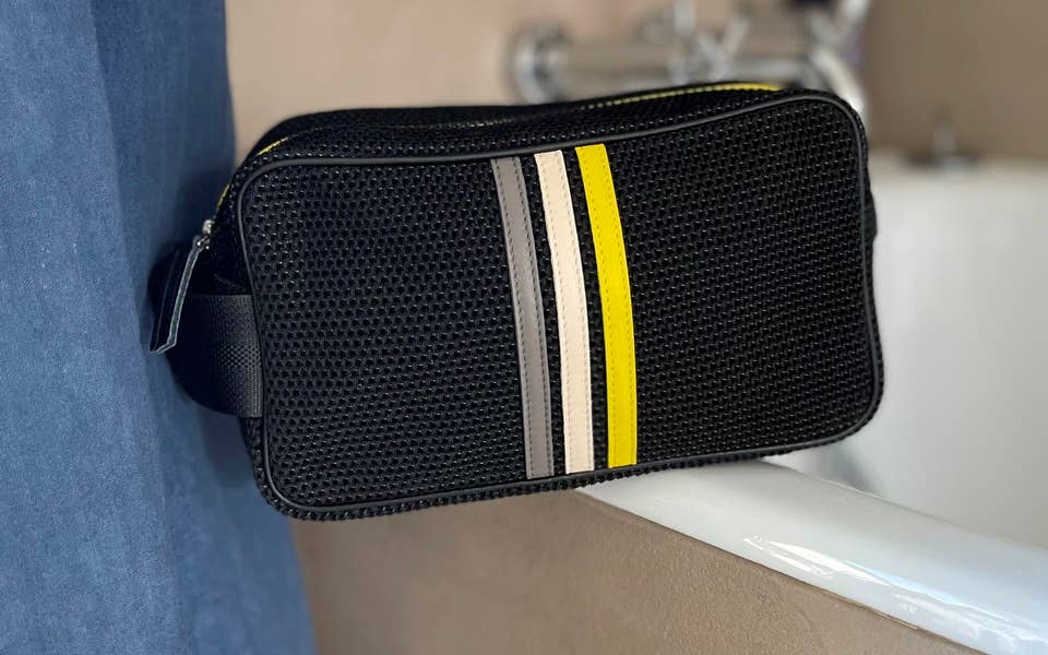 E2R PARIS - Wholesale Toiletry Bag - Men's - Black toiletry bag with white, yellow, grey leather stripes1