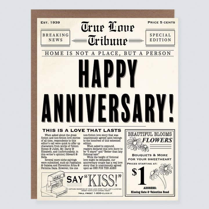 Vintage Newspaper Punny Anniversary Card for wholesale by Morgan Swank Studio