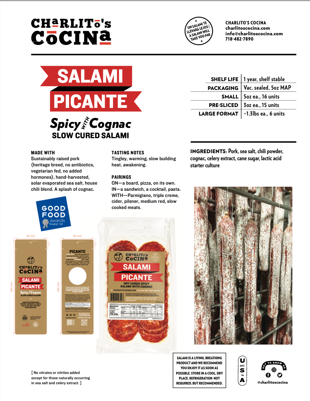 Charlito's Cocina – Engroshandel Salami – Salami Picante - Langtidsmodnet krydret salami med cognac, forskåret10