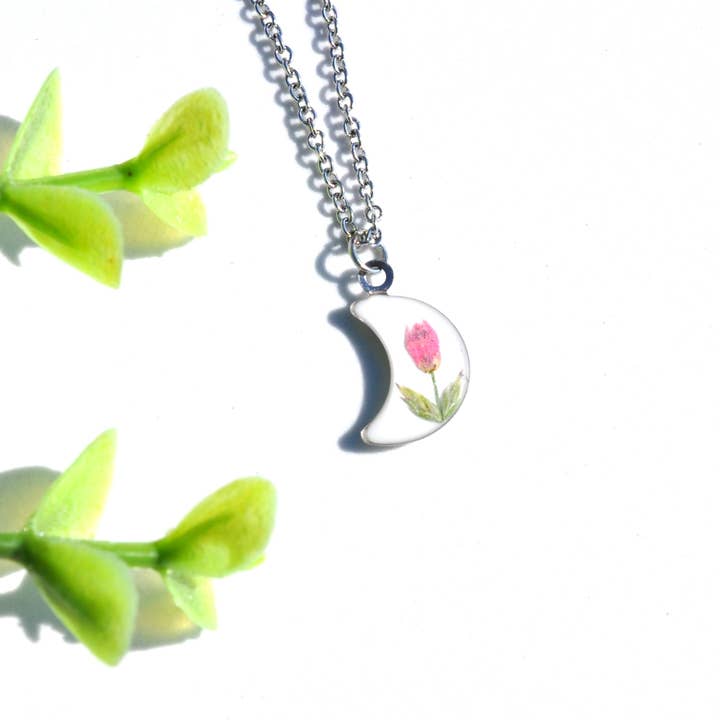 Pressed Flower Moon Necklace for wholesale by My Beverly Jewelry