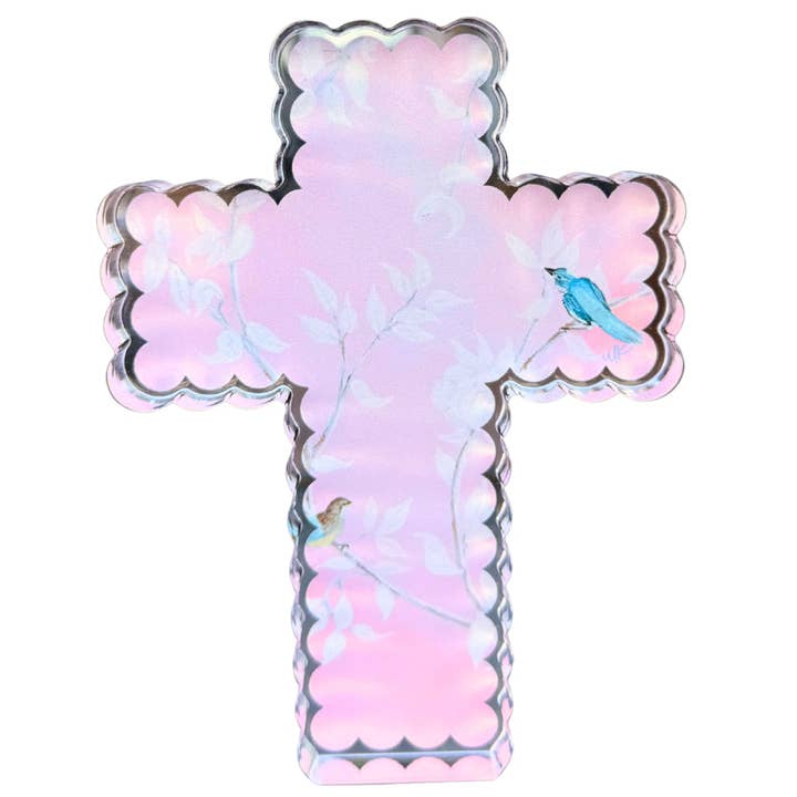 "Prateleira Acrílica 'Chinoiserie Garden in Pink Scallop Cross'" por atacado de MK Decker Designs