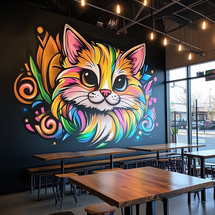 Vinilo decorativo de pared de gato colorido | Pegatina vinílica de felino neón | Mural artístico vibrante de mascota | Arte mural moderno de animales | Decoración para cafés de gatos y habitaciones infantiles para venta al por mayor de Decords