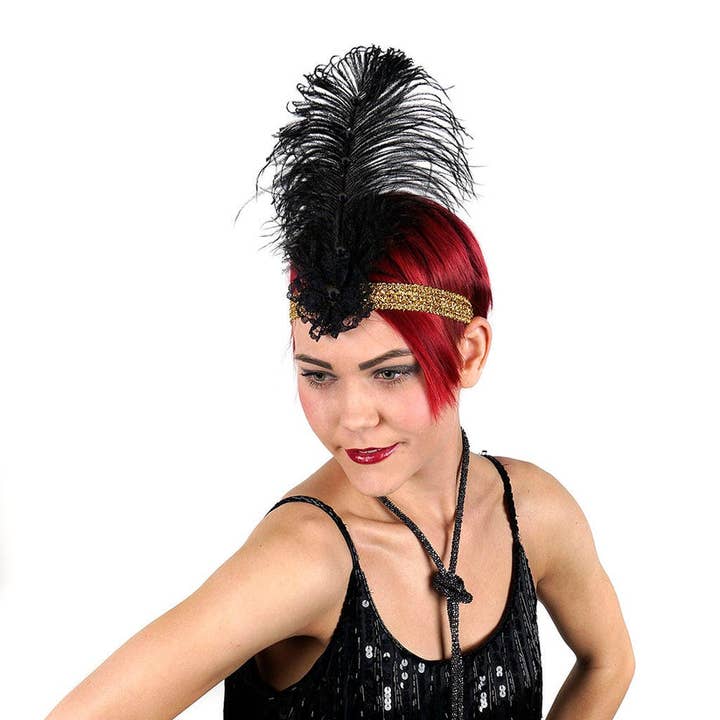 Zucker Feather Products - Wholesale Fashion Headband - Women's - Ostrich Flapper Headband Black/Gold1