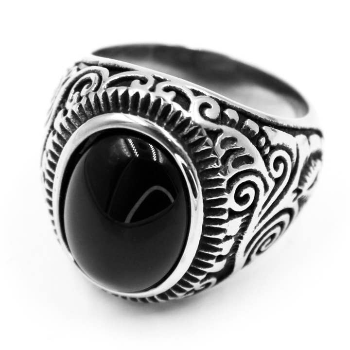 Steel Ring with Oval Shaped Black Gem-A-476 for wholesale by Awaken