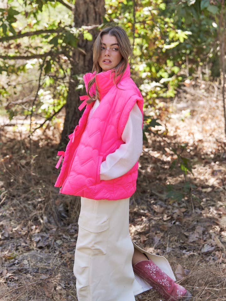 Hot Pink Heart Quilt Stitch Bow Details Zipper Puffer Vest for wholesale on Faire