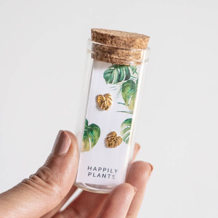 Happily Plants - Wholesale Stud/Post Earrings - Monstera Earring Studs - 18k Gold, Plant Earrings1