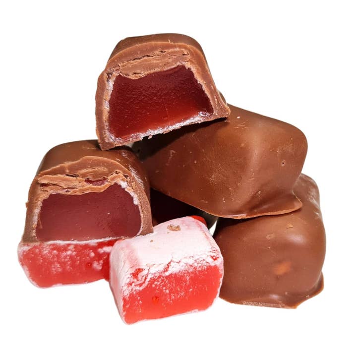 Chocolate Coated Cherry Flavoured Turkish Delight Milk Chocolate 100g for wholesale by Poppy's Chocolate