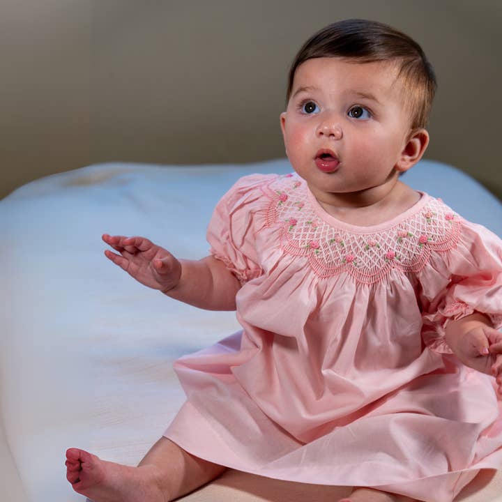 Hello Bebes! - Wholesale Dress - Baby - Solid Pink Geo Smocked Short Sleeve Bishop Dress