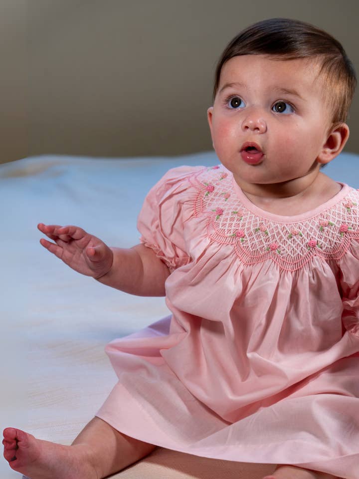 Vestido obispo de manga corta con nido de abeja y estampado geométrico en rosa sólido para venta al por mayor de Hello Bebes!