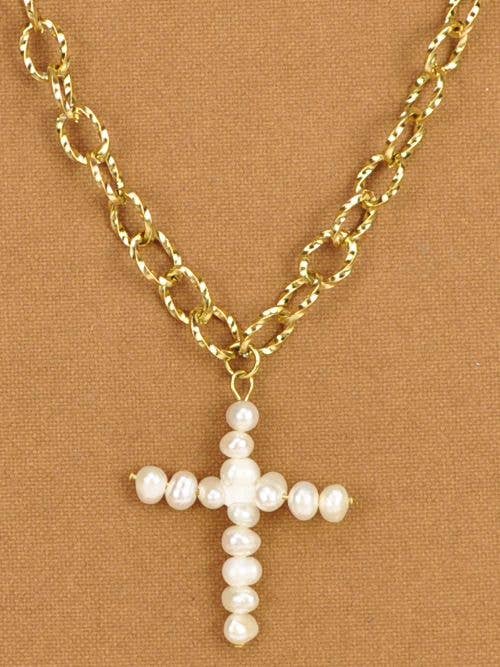 oro Collana a tripla catena in acciaio inox con croce di perle in vendita all'ingrosso su Faire0