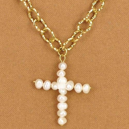 gold Triple Chain Stainless Steel Necklace with Pearl Cross for wholesale on Faire0