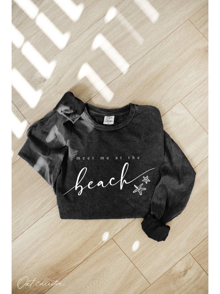 OAT COLLECTIVE - Wholesale Screen Printed T-Shirt - Women's - MEET ME AT THE BEACH Mineral Washed Long Sleeve Graphic 0