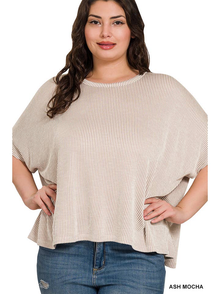 42POPS - Wholesale Knit Top - Women's - `.Plus size Ribbed Striped Oversized Short Slee20