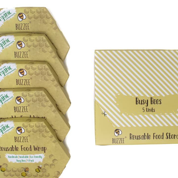 Buzzee - Wholesale Food storage wrap/bag - Reusable Beeswax Food Wraps - Busy Bees - 4 wraps / Pack5