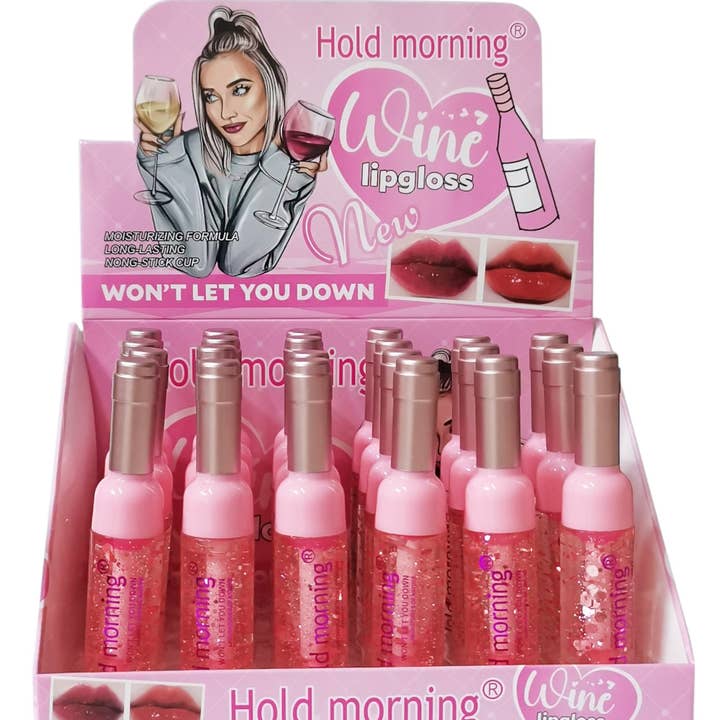 ASSORTED HOLD MORNING WINE BOTTLE LIP GLOSS HL5735 (24PC) for wholesale on Faire