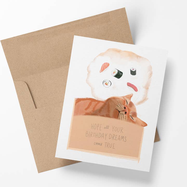 MizSant Studio – Großhandel Geburtstagskarten – Cat Dreams of Sushi Geburtstagskarte