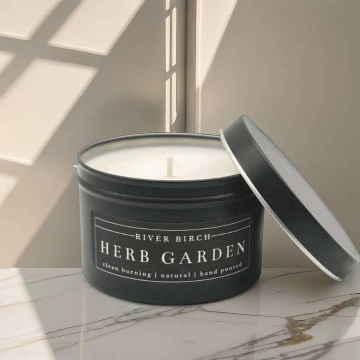 River Birch Candles - Wholesale Travel Candles - 8oz Herb Garden - Black Tin Soy Candle1