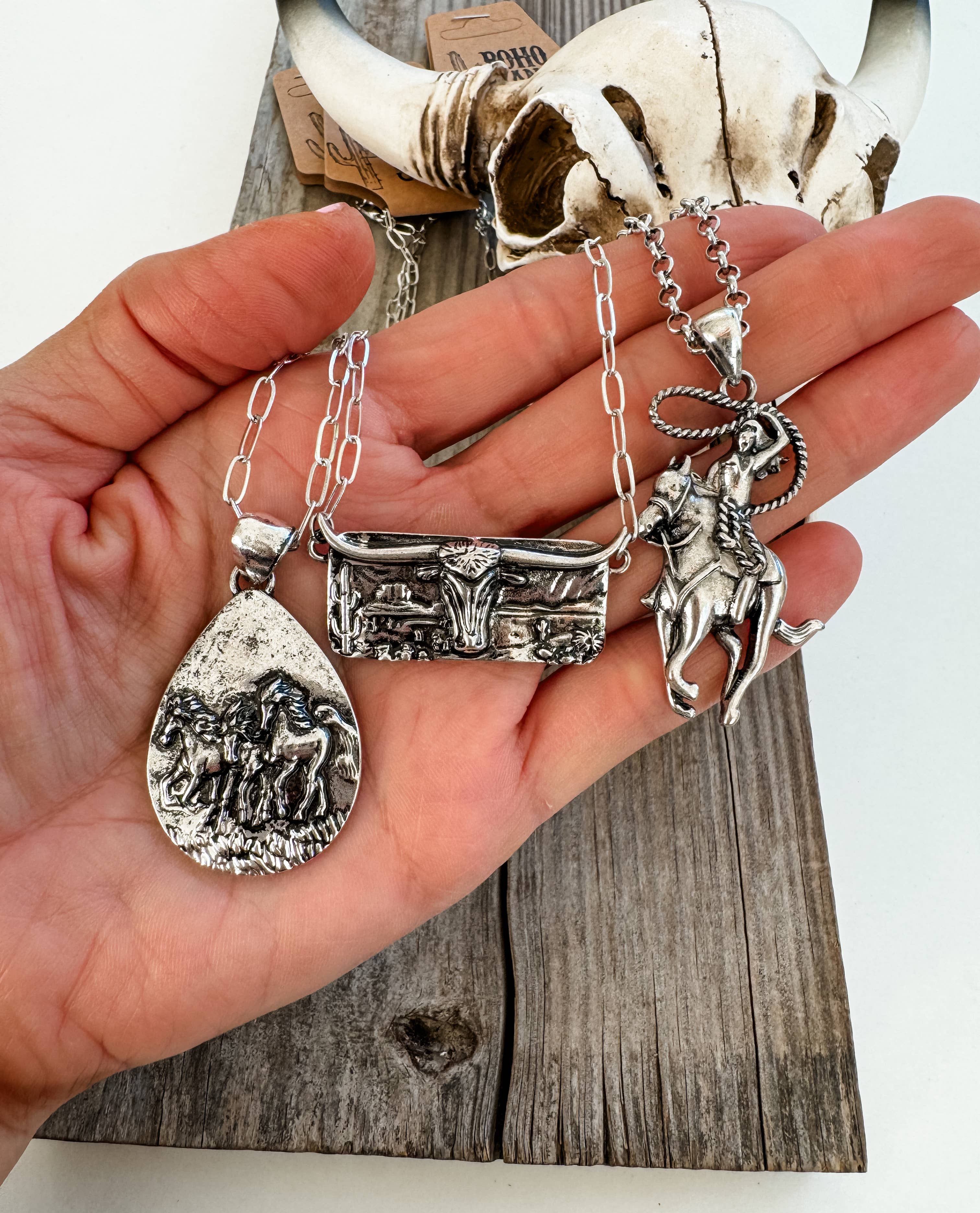 Boho Ranch Shop - Wholesale Pendant/Charm Necklace - Western Rodeo Cowboy Necklace - Cowboy Rodeo Steer Horses