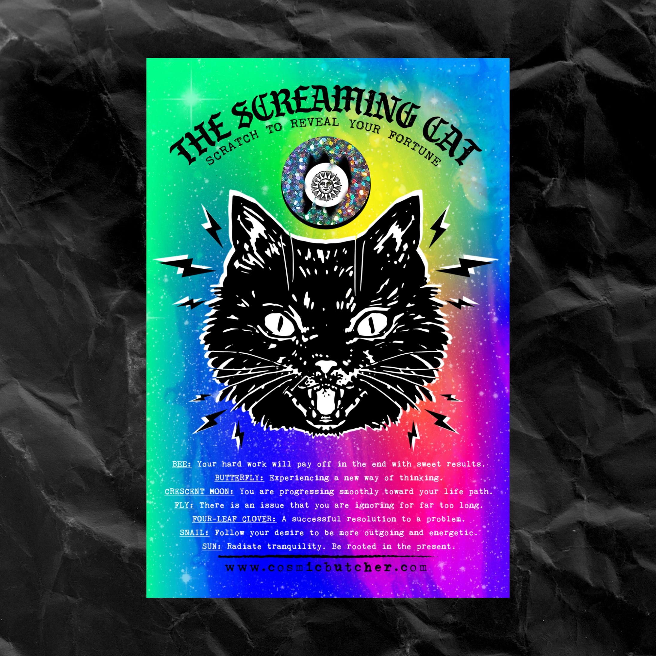 Cosmic Butcher - Vente Carte de vœux classique - Carte de Sorcière à Gratter Arc-en-Ciel "Chat Hurlant"3