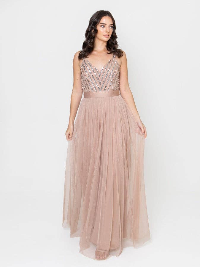 Maya Taupe Blush Sleeveless Stripe Embellished Maxi Dress for wholesale by Plaza Collection Ltd