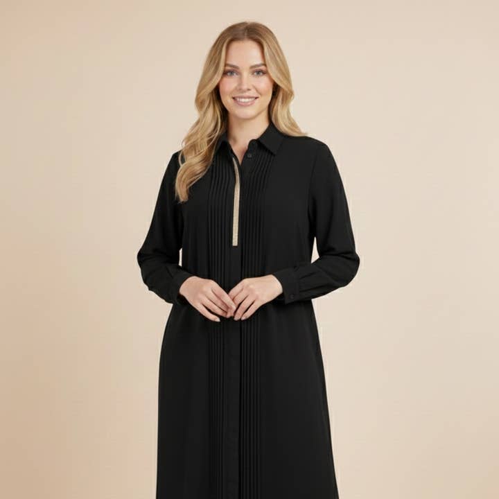 Long Solid Shirt Dress with Pleats and Gold Detail Y163 for wholesale by LUSA MODE