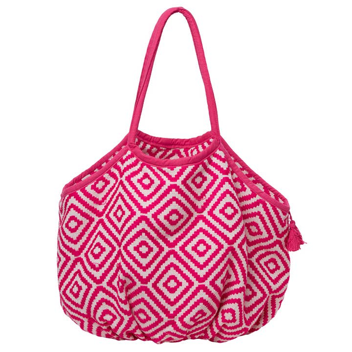 Somerville Scarves - Wholesale Beach Bag - Large Woven Cotton Beach Bag with Tassel & Tie - Pink/White