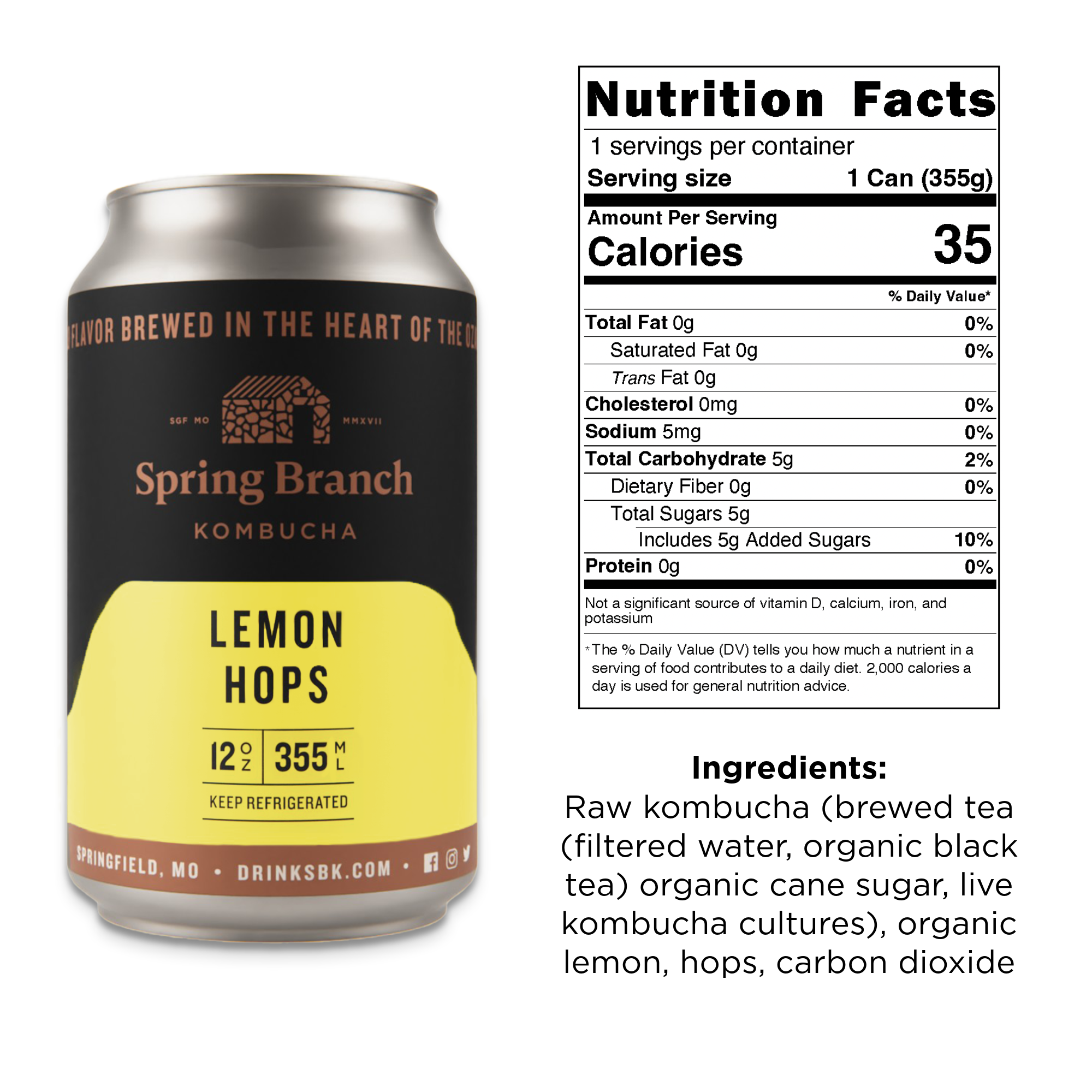 Spring Branch Kombucha - Wholesale Kombucha - Lemon Hops Kombucha - Low Sugar, Gluten-Free, Vegan, 12 oz3