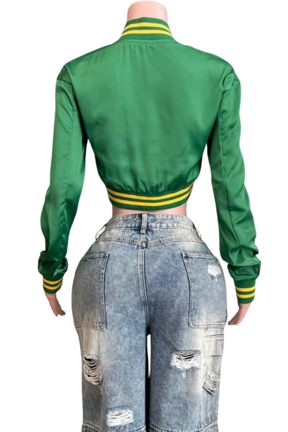 GRØN NT1016A Satin Varsity Crop Jakke med Broderede Detaljer for engroshandel på Faire3