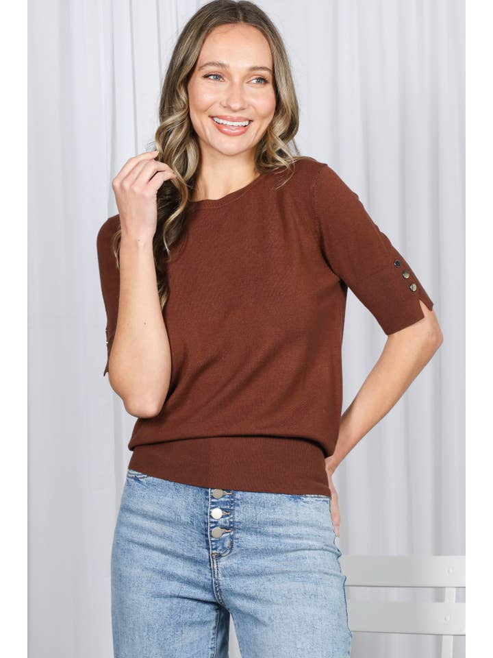 Vine & Love - Wholesale Knit Sweater - Women's - Crew Neck Short-Sleeve Button Detail Sweater Top VT81653-7