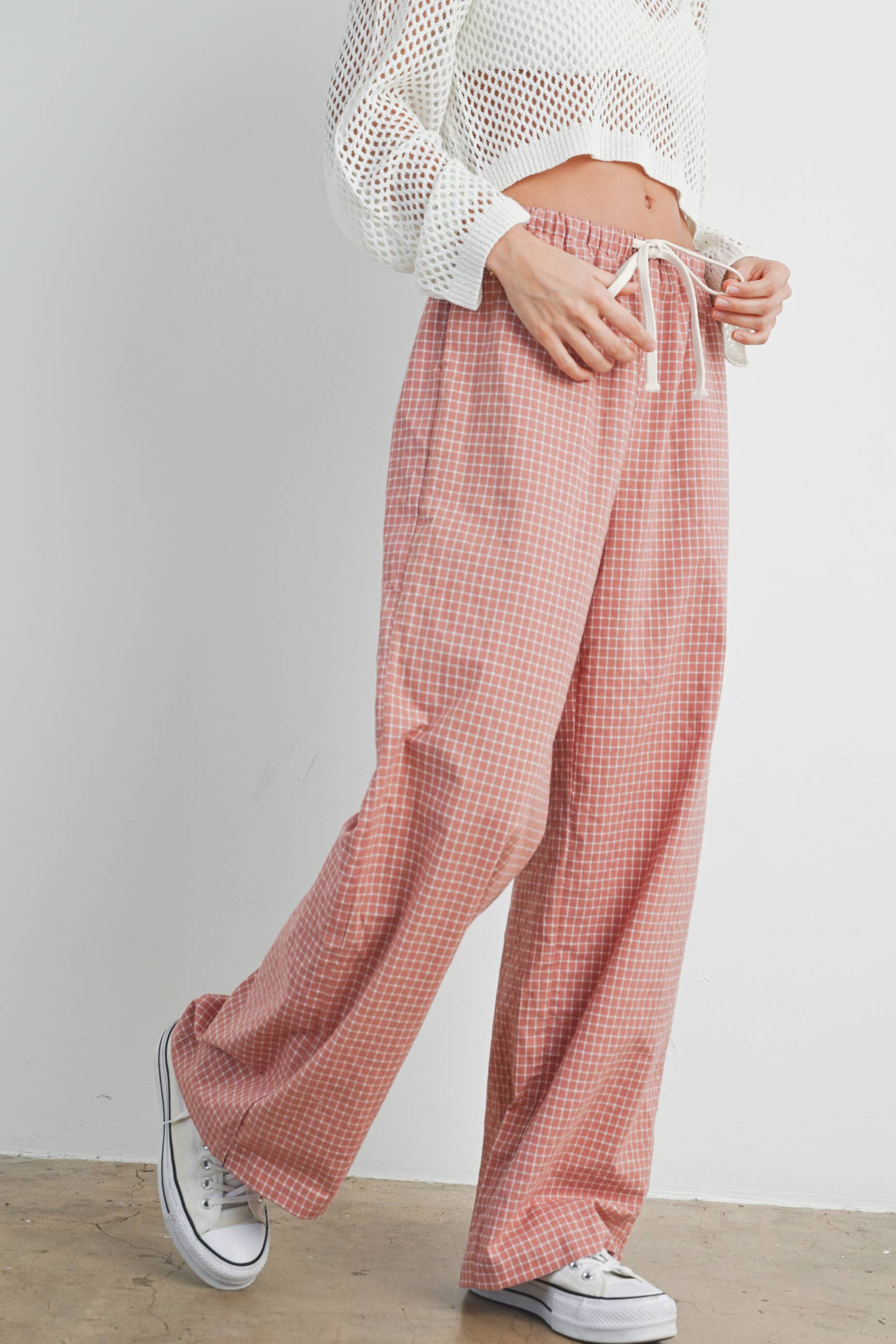 BUTTERMELON – Großhandel Hose – Damen – BUTTERMELON Hoch taillierte Karohose mit Kordelzug - BMP745318