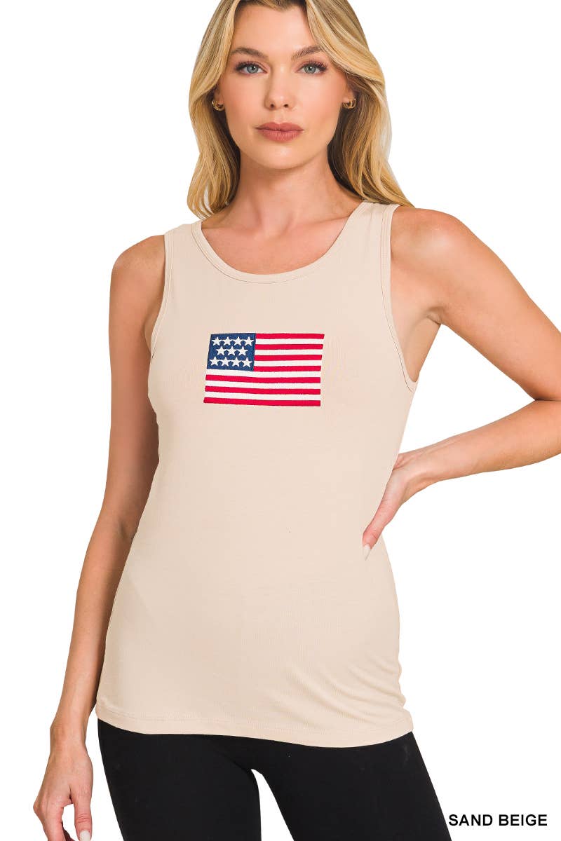 42POPS - Wholesale Tank Top - Women's - 0224 Double Scoop American Flag Embroidered Tank Top SI-291334