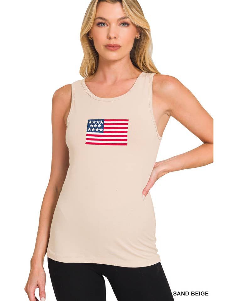 42POPS - Wholesale Tank Top - Women's - 0224 Double Scoop American Flag Embroidered Tank Top SI-291334