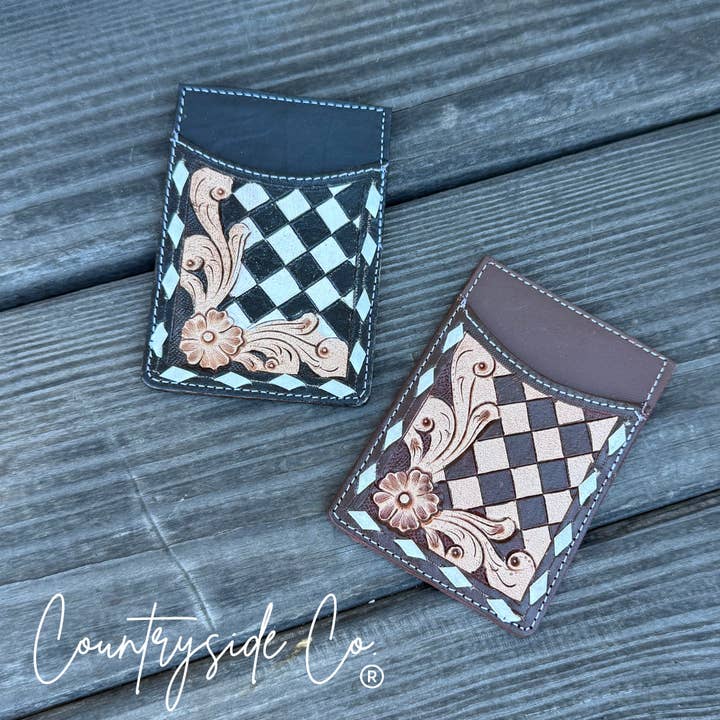 Checkered Tooled Leather Credit Card Holder for wholesale by Texas Western Cowhide Bags and More