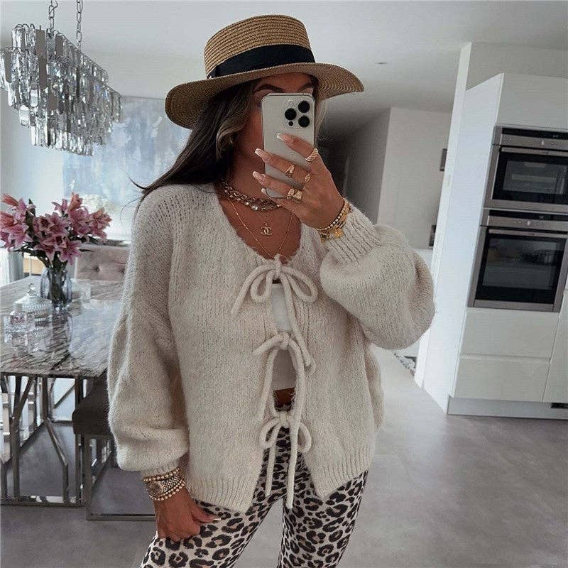 Sheer Trend – Großhandel Strickjacke – Damen – Einfacher Strickjacke mit Bindegürtel und Rundhalsausschnitt3